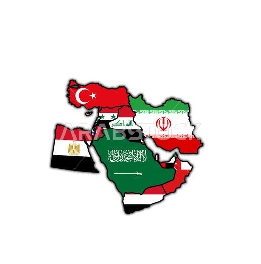 Territory and borders of  middle east region on map isolated over white