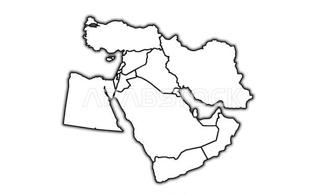Territory and borders of  middle east region on map isolated over white