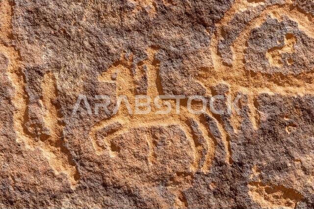 A petroglyphic image of a horseman, Graffiti Rocks (Qaryat al Asba), Musayqirah, Riyadh Province, Saudi Arabia