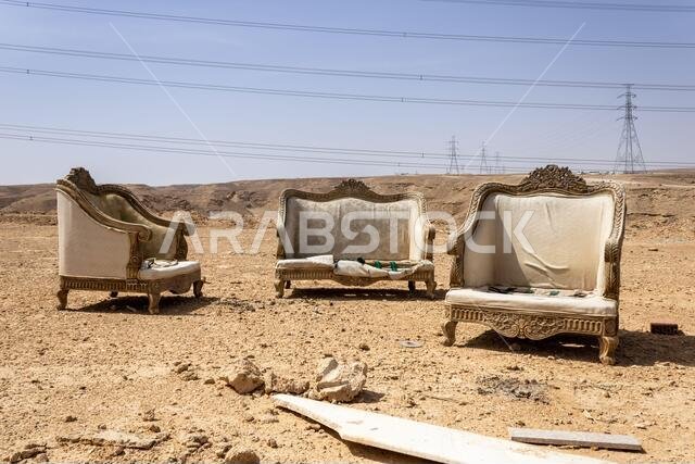 Retro-style furniture abandoned in the desert