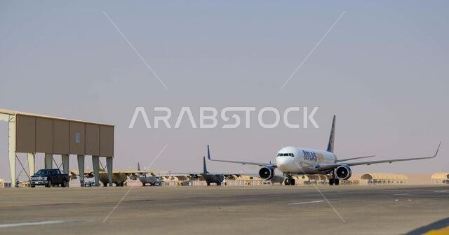 An aircraft carrying members of the District of Columbia Air National Guard’s 113th Wing, known as the “Capital Guardians,” taxis on the flight line upon arrival at Prince Sultan Air Base, Kingdom of Saudi Arabia, July 11, 2021. The wing deployed a contingent of U.S. Air Force F-16 Fighting Falcons to PSAB to reinforce the base’s defensive capabilities, provide operational depth, and support U.S. Central Command operations in the region.