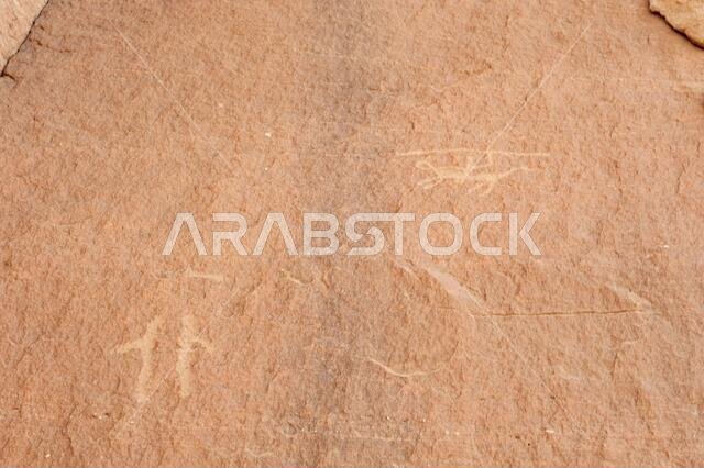 Ancient rock carvings petroglyphs in the desert near Medina in Saudi Arabia