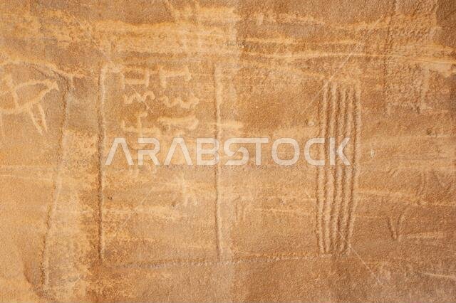 Ancient rock carvings petroglyphs in the desert near Medina in Saudi Arabia