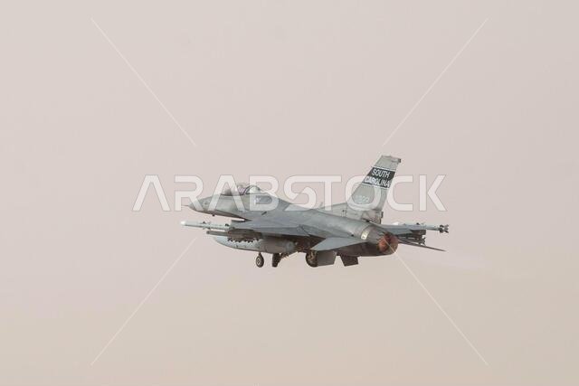A U.S. Air Force F-16 Fighting Falcon takes off during a partner nation integration mission with the Royal Saudi Air Force at Prince Sultan Air Base, Kingdom of Saudi Arabia, June 17, 2021. U.S. Air Forces Central aircraft regularly work with coalition and partner nations to test their collective counter-UAS capabilities to ensure the security and stability of regional airspace.