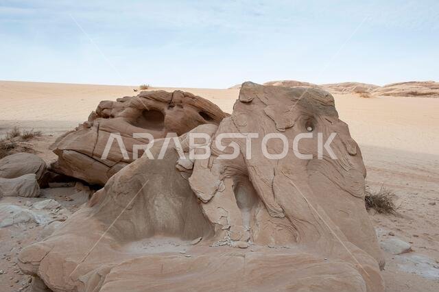 Sandstone rock formations of crazy shapes in the desert near Medina and AlUla and Madain Saleh in Saudi Arabia