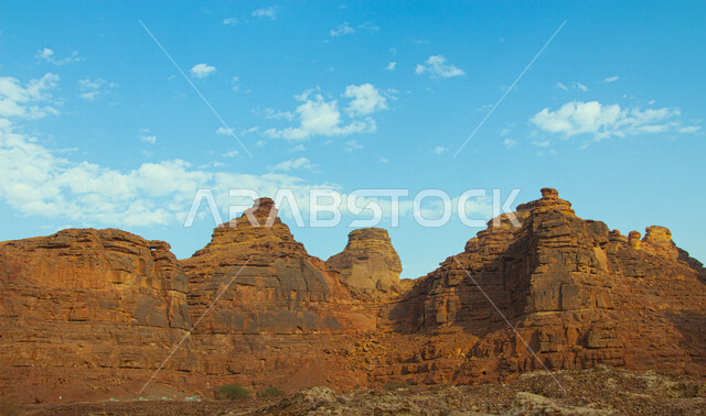 Natural rock formations and formations in the city of Al-Ula in the Kingdom of Saudi Arabia, historical and archaeological tourist attractions, the beauty of desert nature, rocky mountains in Al-Ula Governorate, tourism in Saudi Arabia