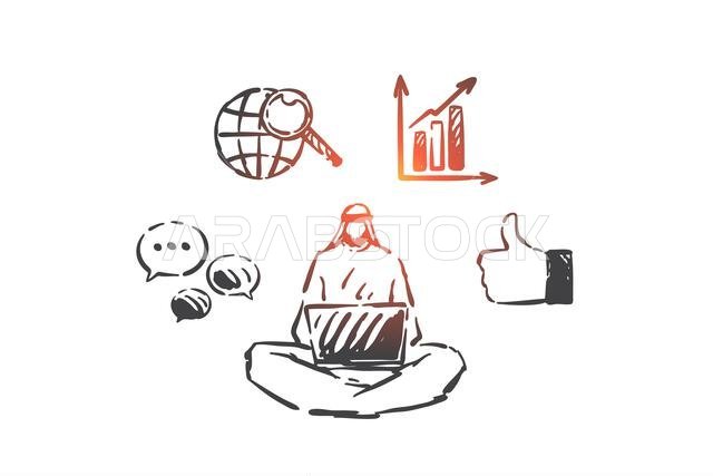 بحث تجاري، رسم تخطيطي لمفهوم تعدد المهام. تكنولوجيا الإنترنت، تداول سوق الأسهم، استعارة العمل الحر، رجل أعمال عربي، محلل مسلم يعمل