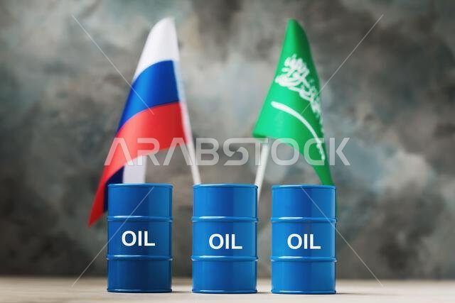 Three barrels of oil against the background of the Flags of Russia and Saudi Arabia, a concept on the topic of production and regulation of prices in