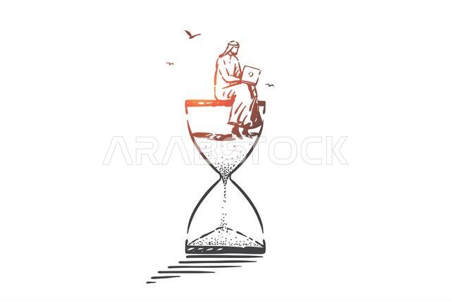 إدارة الوقت، رسم تخطيطي لمفهوم العمل الحر. عمل عن بعد، ترفيه عصري، استعارة الوقت على الإنترنت، رجل أعمال عربي يجلس على ساعة رملية، مسلم يعمل لحسابه الخاص إدارة الوقت، رسم تخطيطي لمفهوم العمل الحر. عمل عن بعد، ترفيه عصري، استعارة الوقت على الإنترنت، رجل أعمال عربي يجلس على ساعة رملية، مسلم يعمل لحسابه الخاص