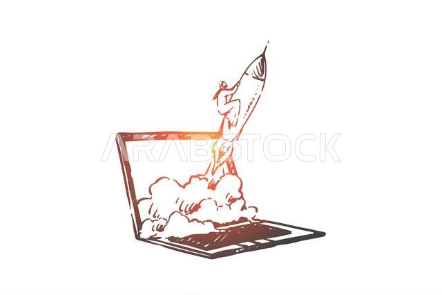 رسم تخطيطي لمفهوم إطلاق شركة ناشئة عبر الإنترنت. رجل أعمال مسلم يستخدم استعارة الطيران أو الصاروخ، ورائد أعمال عربي يبدأ مشروعًا تجاريًا جديدًا باستخدام الحاسوب.