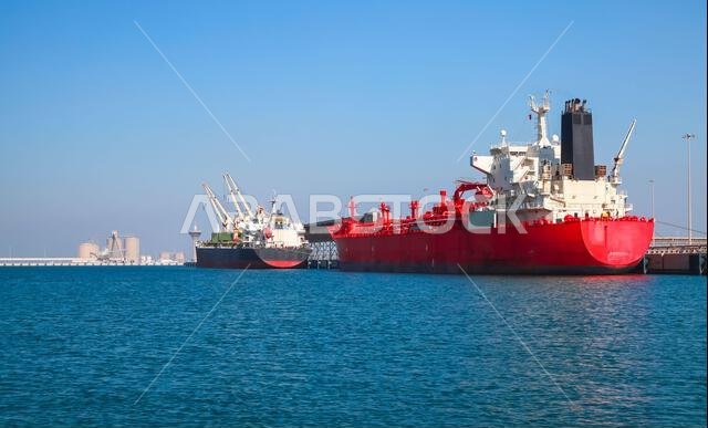 Red tanker ship is loading in port of Saudi Arabia, stern view
