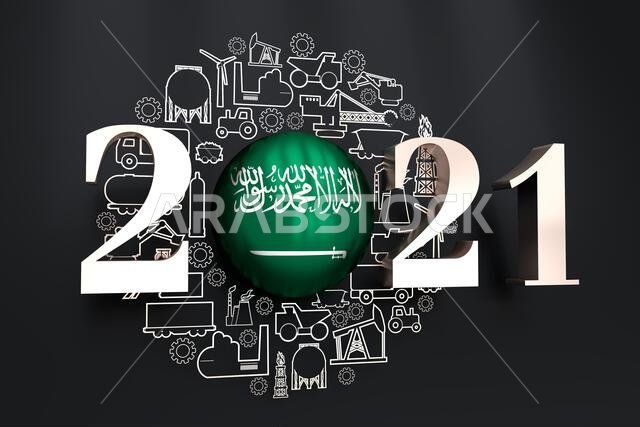 مفهوم المصنع الصناعي ومبنى التصنيع. توليد الطاقة والصناعات الثقيلة. إطار دائري مع أيقونات صناعية رفيعة. علم المملكة العربية السعودية مفهوم المصنع الصناعي ومبنى التصنيع. توليد الطاقة والصناعات الثقيلة. إطار دائري مع أيقونات صناعية رفيعة. علم المملكة العربية السعودية