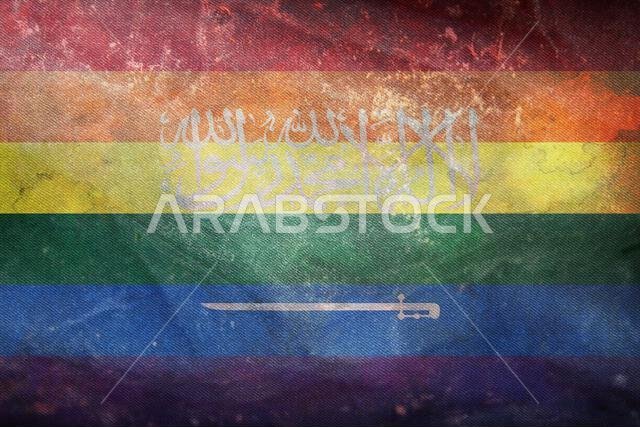 منظر علوي لعلم المملكة العربية السعودية، رمز مجتمع الميم، بتصميم كلاسيكي ذي طابع عتيق، بدون سارية. تصميم مسطح. خلفية العلم. مفهوم الحرية والحب. الفخر