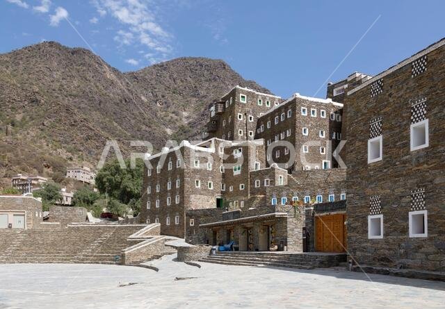 Abha, Saudi Arabia, February 25 2020: The village of Rijal Almaa is built up by 60 multiple-story buildings. All are built in a traditional way with o