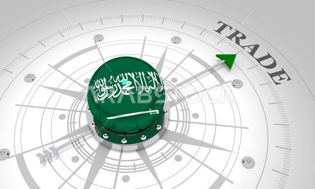 Business concept. Abstract compass points to the trade word. Flag of the Saudi Arabia. 3D rendering