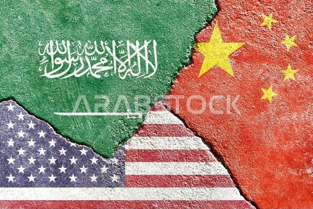 Political conflict concept Saudi Arabia VS USA VS China, flags on a cracked wall background