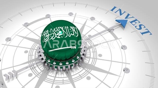 Business concept. Abstract compass points to the invest word. Flag of the Saudi Arabia. 3D rendering
