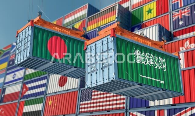 حاويات شحن تحمل أعلام بنغلاديش والمملكة العربية السعودية. تصميم ثلاثي الأبعاد