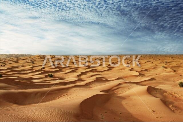 كثبان رملية وسماء زرقاء. منظر صحراوي في دبي، الإمارات العربية المتحدة