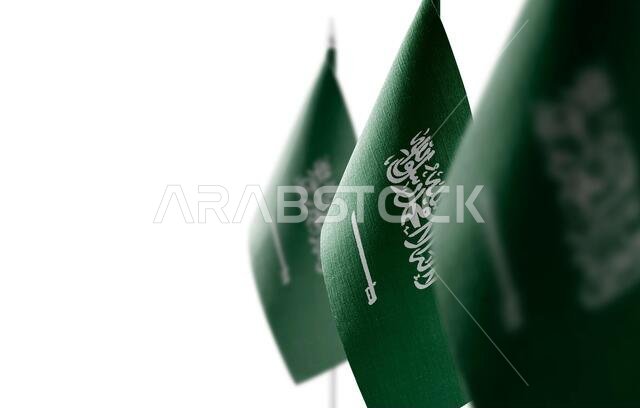 Small national flags of the Saudi Arabia on a white background