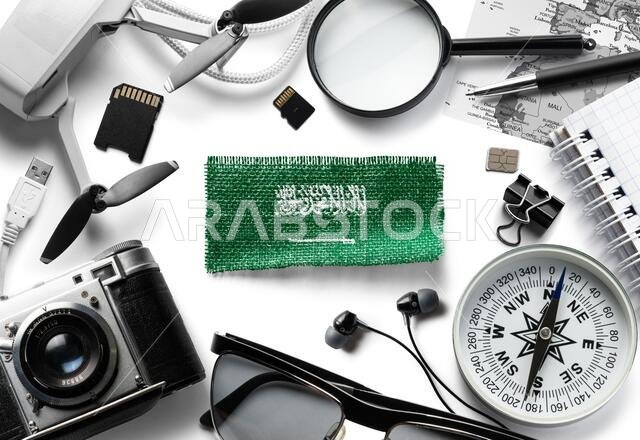 Flag of Saudi Arabia and travel accessories on a white background.