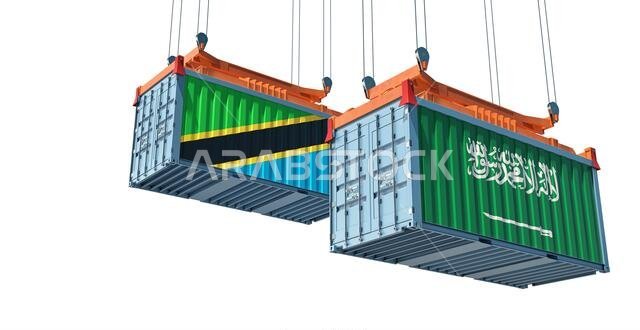 Freight containers with Saudi Arabia and Tanzania national flags. 3D Rendering
