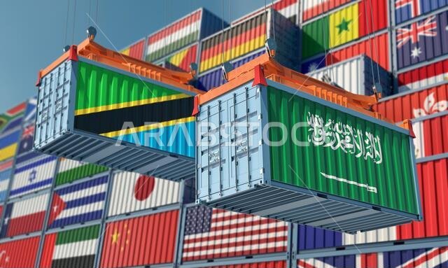 Freight containers with Saudi Arabia and Tanzania national flags. 3D Rendering