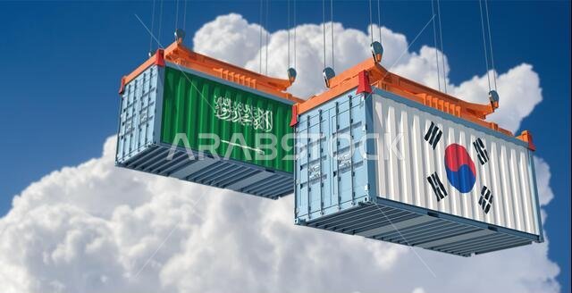 Freight containers with South Korea and Saudi Arabia national flags. 3D Rendering