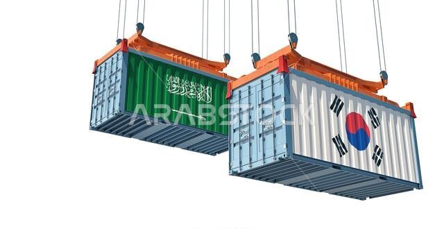 Freight containers with South Korea and Saudi Arabia national flags. 3D Rendering