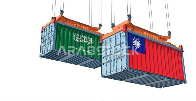 حاويات شحن تحمل أعلام تايوان والمملكة العربية السعودية. تصميم ثلاثي الأبعاد حاويات شحن تحمل أعلام تايوان والمملكة العربية السعودية. تصميم ثلاثي الأبعاد