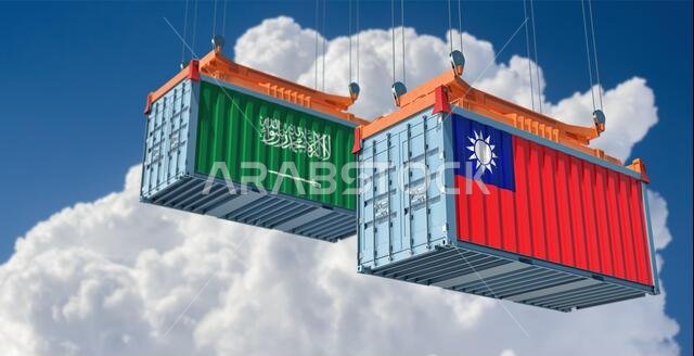 Freight containers with Taiwan and Saudi Arabia national flags. 3D Rendering