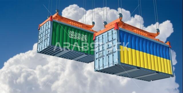 Freight containers with Ukraine and Saudi Arabia national flags. 3D Rendering