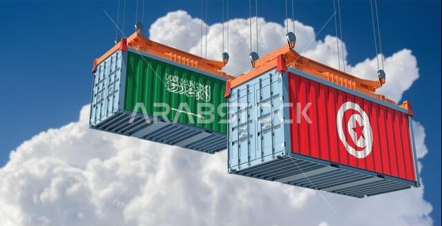 حاويات شحن تحمل علمي تونس والسعودية. تصميم ثلاثي الأبعاد حاويات شحن تحمل علمي تونس والسعودية. تصميم ثلاثي الأبعاد
