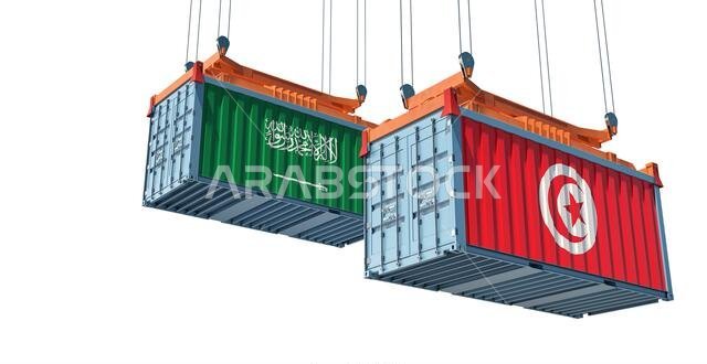 حاويات شحن تحمل علمي تونس والسعودية. تصميم ثلاثي الأبعاد