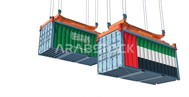 حاويات شحن تحمل أعلام الإمارات العربية المتحدة والمملكة العربية السعودية. تصميم ثلاثي الأبعاد