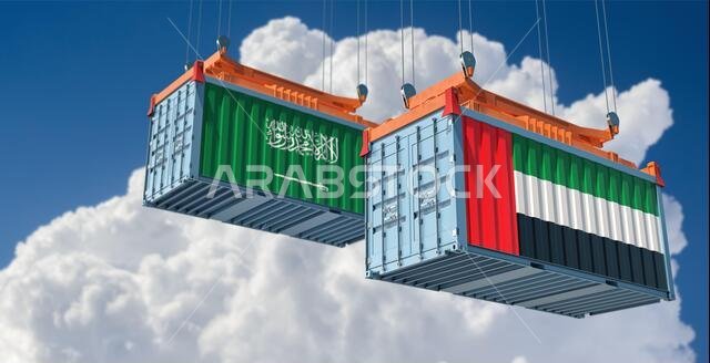 حاويات شحن تحمل أعلام الإمارات العربية المتحدة والمملكة العربية السعودية. تصميم ثلاثي الأبعاد حاويات شحن تحمل أعلام الإمارات العربية المتحدة والمملكة العربية السعودية. تصميم ثلاثي الأبعاد