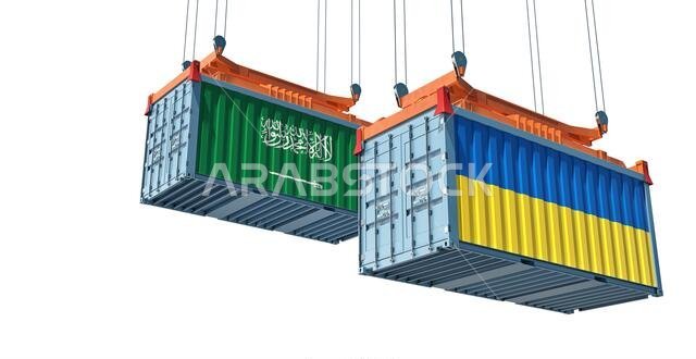 Freight containers with Ukraine and Saudi Arabia national flags. 3D Rendering