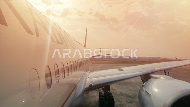 الرياض، المملكة العربية السعودية - 1 مارس 2020: طائرة سعودية تستعد للإقلاع من مطار الملك خالد الدولي بالرياض. تركيز انتقائي