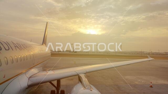 Riyadh,Saudi Arabia - March 01 2020 : Saudi Arabian Plane preparing for take off at Riyadh King Khalid Airport. Selective Focus