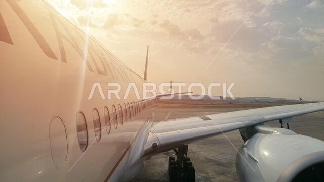 Riyadh,Saudi Arabia - March 01 2020 : Saudi Arabian Plane preparing for take off at Riyadh King Khalid Airport. Selective Focus