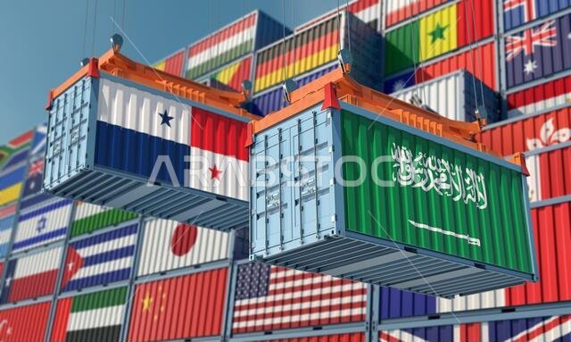 Freight containers with Panama and Saudi Arabia national flags. 3D Rendering