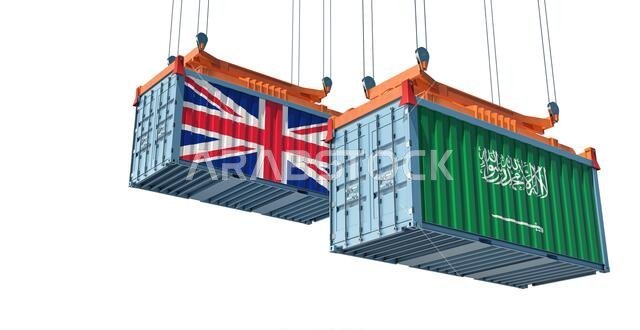 Freight containers with United Kingdom and Saudi Arabia national flags. 3D Rendering