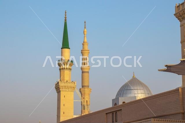 Ottoman Turkish style minaret in Medina. Minarets of Masjid Nabawi - Prophet Mosque. Madinah al Munawwarah