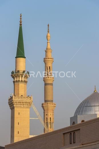 Ottoman Turkish style minaret in Medina. Minarets of Masjid Nabawi - Prophet Mosque. Madinah al Munawwarah