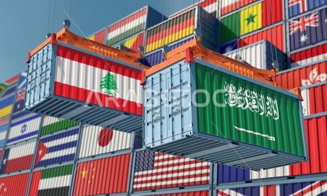 حاويات شحن تحمل أعلام لبنان والمملكة العربية السعودية. تصميم ثلاثي الأبعاد