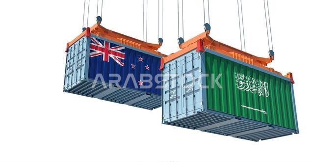 Freight containers with New Zealand and Saudi Arabia national flags. 3D Rendering