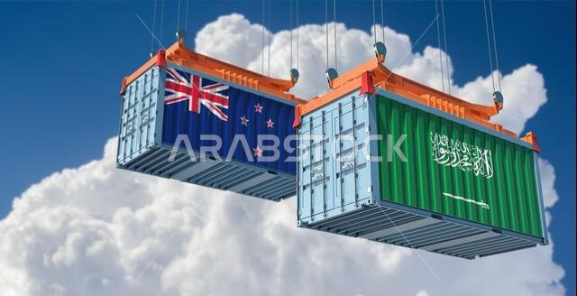 Freight containers with New Zealand and Saudi Arabia national flags. 3D Rendering