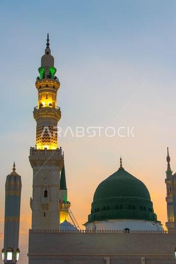 An evening view from the Masjid Nabawi in Medina. Dome of Prophet Muhammad's Mosque