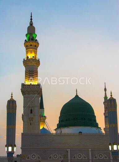 An evening view from the Masjid Nabawi in Medina. Dome of Prophet Muhammad's Mosque