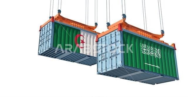 Two freight container with Saudi Arabia and Algeria national flag. 3D Rendering